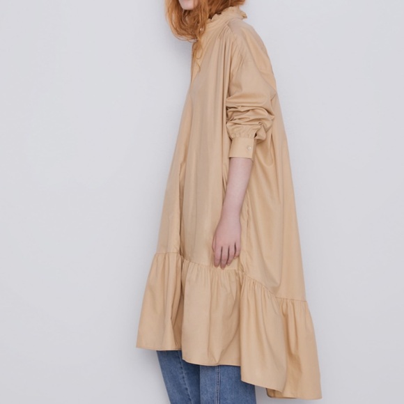 ZARA Ruffled Poplin MIDI Dress In Light Brown Size S - Picture 1 of 8